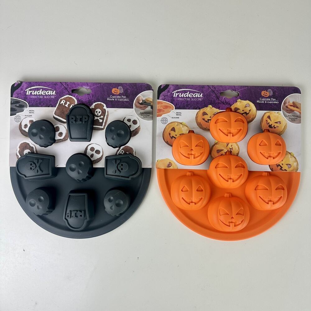 Lot Of 2 Halloween RIP, Ghost, Pumpkins Cake Pan Trudeau Silicone Cake Molds